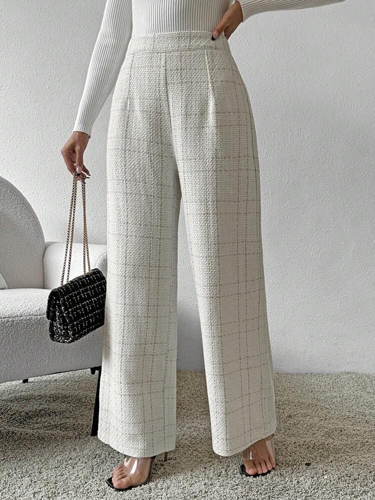 Chiquease Pantalones de pierna ancha a cuadros para mujer - Blanco - Añade 4