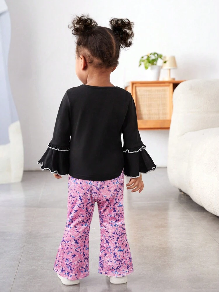 Baby Girls' Casual Imitation Beaded Flare Sleeve Top And Long Pants Set