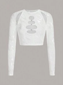 SHEIN ICON 斑馬紋網眼上衣,剪裁處飾以鑽石細節 - 白色 - 查看 1