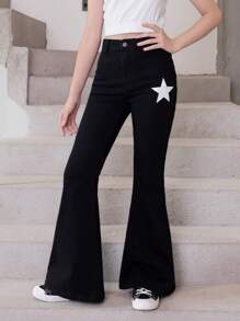 SHEIN Tween Girl New Style Casual Fashionable All-Match Star Pattern Washed Denim Bell-Bottoms - Black - View 6