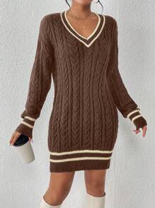 SHEIN Essnce Học thuật Phong cách Sọc Vá lại Đầm Áo len - Cà phê nâu - Xem 3