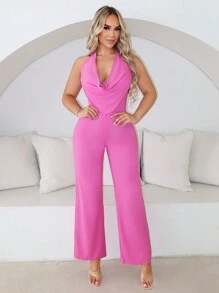 SHEIN SXY Mùa Xuân NỮ Quần áo Halterneck Rộng Cổ áo Scoop Thẳng Áo liền quần - Hồng - Xem 1