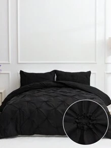 3pcs Gathered Floral Pleated Solid Color Comfortable Oversized Bedding Set, 3-Piece Luxury Brushed Super Soft Fiber Duvet Cover Set With 2 Pillowcases, Soft & Cozy - Black - View 2