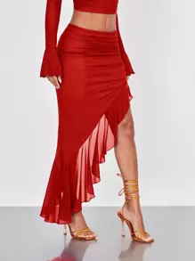 SHEIN BAE 不對稱下擺裙子,帶有荷葉邊裝飾 - 紅色 - 查看 4