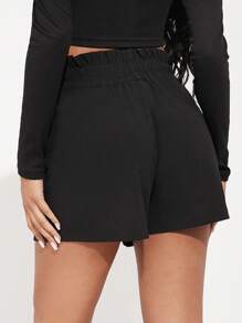 Hauture Elastic Waist Rhinestone Trim Front Pocket Shorts - Black - View 2