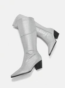 Styleloop 女士中筒靴，编织纹理，波西米亚风，西部风，音乐节风格 - 銀色 - 查看 2