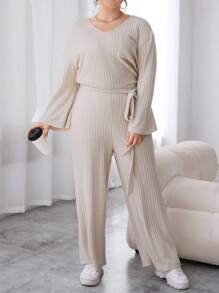 SHEIN Essnce Women'S Plus Size Ribbed Jumpsuit With Belted Waist