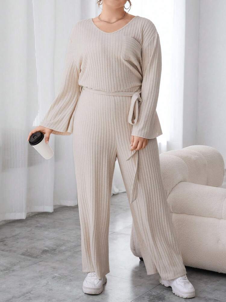 Women'S Plus Size Ribbed Jumpsuit With Belted Waist