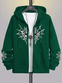 Manfinity Homme Men's Loose-Fitting Casual Hooded Sweatshirt With Spider Web Print - Dark Green - View 3