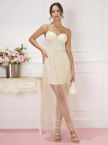 Enchnt Vestido de tirantes pecho con fruncido con malla - Albaricoque - Ver 3