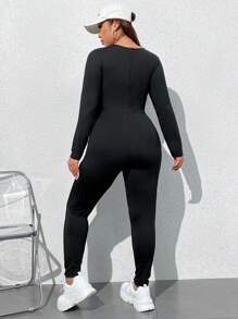 SHEIN EZwear 大尺寸女性純色修身連身褲 - 黑色 - 查看 2