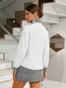 Aveloria Shirt And Plaid Skirt Set With Flap Detailing, Long Sleeve - Black and White - View 2