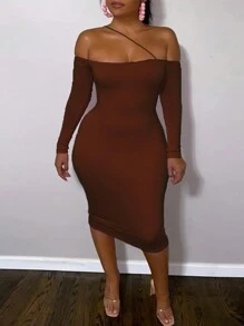 Slaydiva 大尺碼女士露肩緊身連身裙 - 棕色 - 查看 2