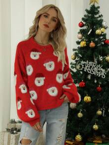 Weihnachtsmuster Pullover mit Dropped Shoulder, Langarm Oberteil - Rot - Übersicht 3