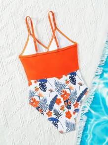 Cô gái Tween Ngẫu nhiên Bản in nhiệt đới Áo tắm một mảnh Với Viền Ruffle - Nhiều màu - Xem 2