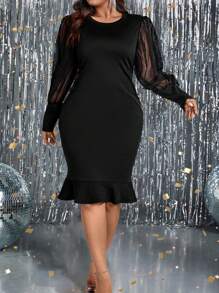 SHEIN Clasi 女式加大码撞色网眼灯笼袖美人鱼连衣裙 - 黑色 - 查看 7