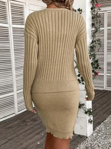 SHEIN LUNE Camisole Sweater Dress And Cardigan Sweater 2pcs/set - Khaki - View 2