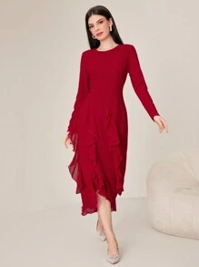 Modelyn Round Neck Long Sleeve Ruffle Detail Dress - Red - View 1