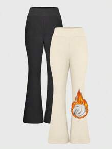 SHEIN Unity 高腰微喇叭抓絨保暖緊身褲 - 彩色 - 查看 1