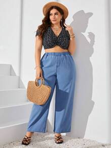 SHEIN CURVE+ Plus Size Women Elastic Waist Straight Leg Jeans, Non-Stretch Summer Outfits For Women Vacation - Blue - View 6