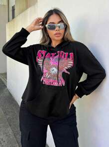 SHEIN SXY Sudadera Con Capucha, Cintura Y Águila Letra Para Mujer - Negro - Ver 1