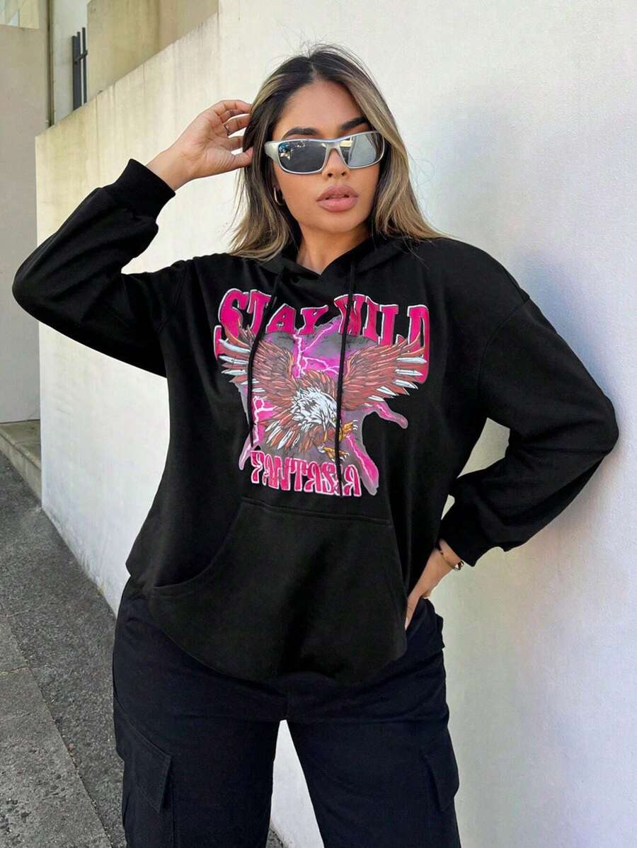 SHEIN SXY Sudadera Con Capucha, Cintura Y Águila Letra Para Mujer - Negro - Ver 1