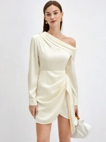 BizChic Một bờ vai Chảy xệ Hem Đầm - Rượu sâm banh - Xem 8