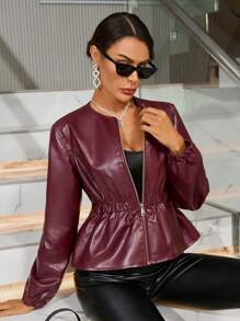 SHEIN Clasi Bell Sleeve Hem Pu Leather Jacket With Long Sleeves - Burgundy - View 3