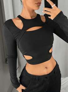 SHEIN ICON Solid Color Cropped Hollow Out T-Shirt - Black - View 9