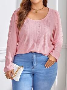 Flirla Plus Eyelet Embroidery Scoop Neck Tee - Pink - View 6