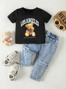 嬰幼兒男童印花t恤洗舊牛仔褲套裝