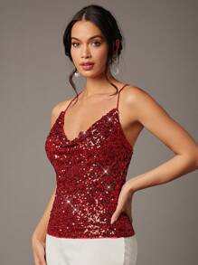 SHEIN BAE 女款閃亮懸掛式亮片吊帶背心上衣 - 紅色 - 查看 5