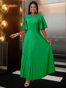 設計對比燈籠袖修身喇叭褶皺連身裙 - 綠色 - 查看 3