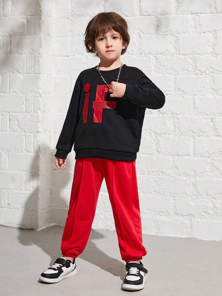 2pcs Young Boy Casual Comfortable Letter Printed Crew Neck Sweatshirt And Solid Fleece Sweatpants Set, Thickened