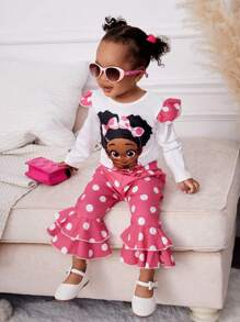 嬰兒女孩卡通與波點印花連身衣和褲裝套裝 - 粉色 - 查看 1