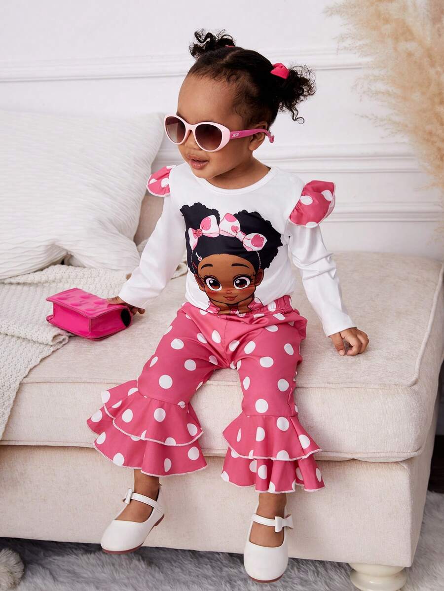 嬰兒女孩卡通與波點印花連身衣和褲裝套裝 - 粉色 - 查看 1