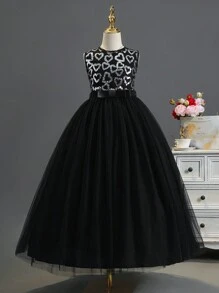 女孩閃亮網紗心形亮片連衣裙,適合演出、婚禮、晚會、生日等場合 - 黑色 - 查看 1