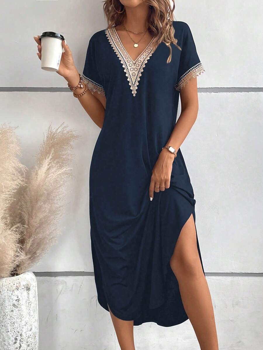 EMERY ROSE 女士拼接蕾絲短袖連衣裙 - 藏蓝色 - 查看 1