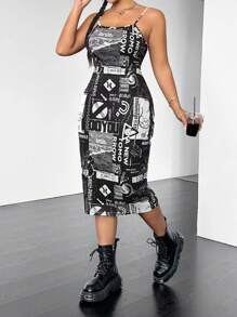 SHEIN EZwear Plus Size Printed Cami Dress - Black and White - View 4