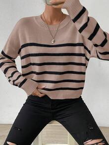 SHEIN Frenchy Của phụ nữ Sọc Thả vai Áo len - Màu Khaki - Xem 6