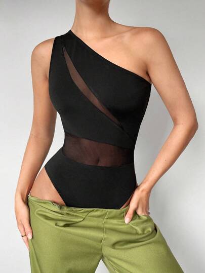 Maija 2026 Primavera y Verano Mono de mujer con empalme de malla y cuello asimétrico, adecuado para invitada de boda, anfitriona, cita, fiesta, concierto, brunch, aeropuerto, multiocasión, negro