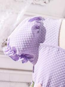 SHEIN Tween Girl Embroidered Flower Applique Puff Sleeve Mesh Overlay Dress