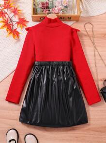 SHEIN Tween 女童长袖立领上衣，带荷叶边和 PU 皮革迷你裙，2 件/套 - 紅色 - 查看 2