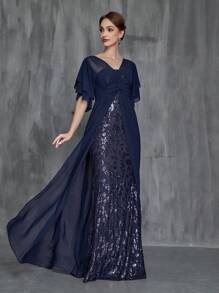 Women's Butterfly Sleeve Contrast Chiffon Sequin Dress