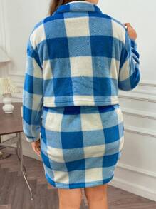 EMERY ROSE Plus Size Flap Pocket Plaid Flannel Jacket And Skirt Two-Piece Set - Blue and White - View 2