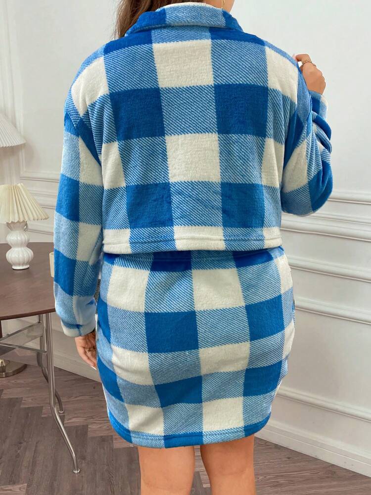 Plus Size Flap Pocket Plaid Flannel Jacket And Skirt Two-Piece Set