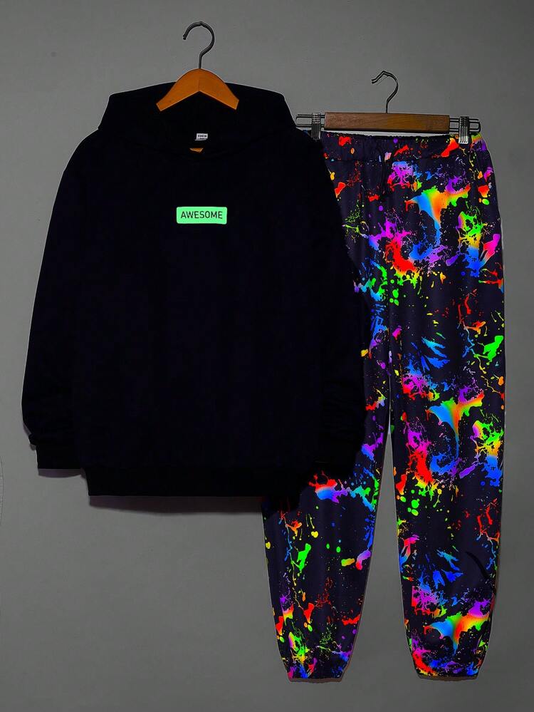 Teen Boys' Casual Loose Fit Glow-In-The-Dark Green Printed Hooded Sweatshirt And Graphic Joggers Set