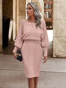 SHEIN Essnce 燈籠袖電纜針織毛衣連衣裙 - 粉色 - 查看 5