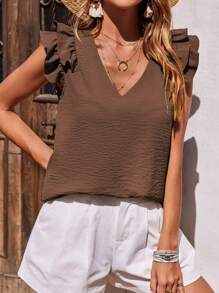 EMERY ROSE V-Neck Double-Layer Ruffle Trim Blouse - Coffee Brown - View 3