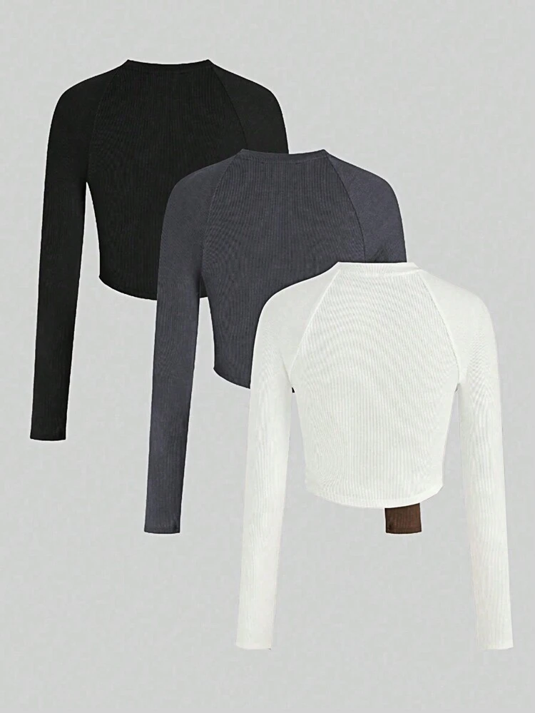 Solid Color Pleated T-Shirt With Raglan Sleeves Fall Cloth For Women